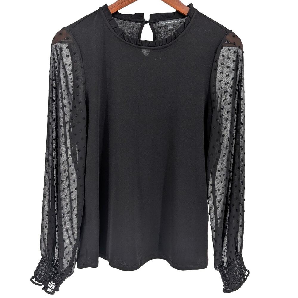 Adrianna Papell Black Swiss Dot Sheer Sleeve Blouse Ruffle Neck Keyhole Top M